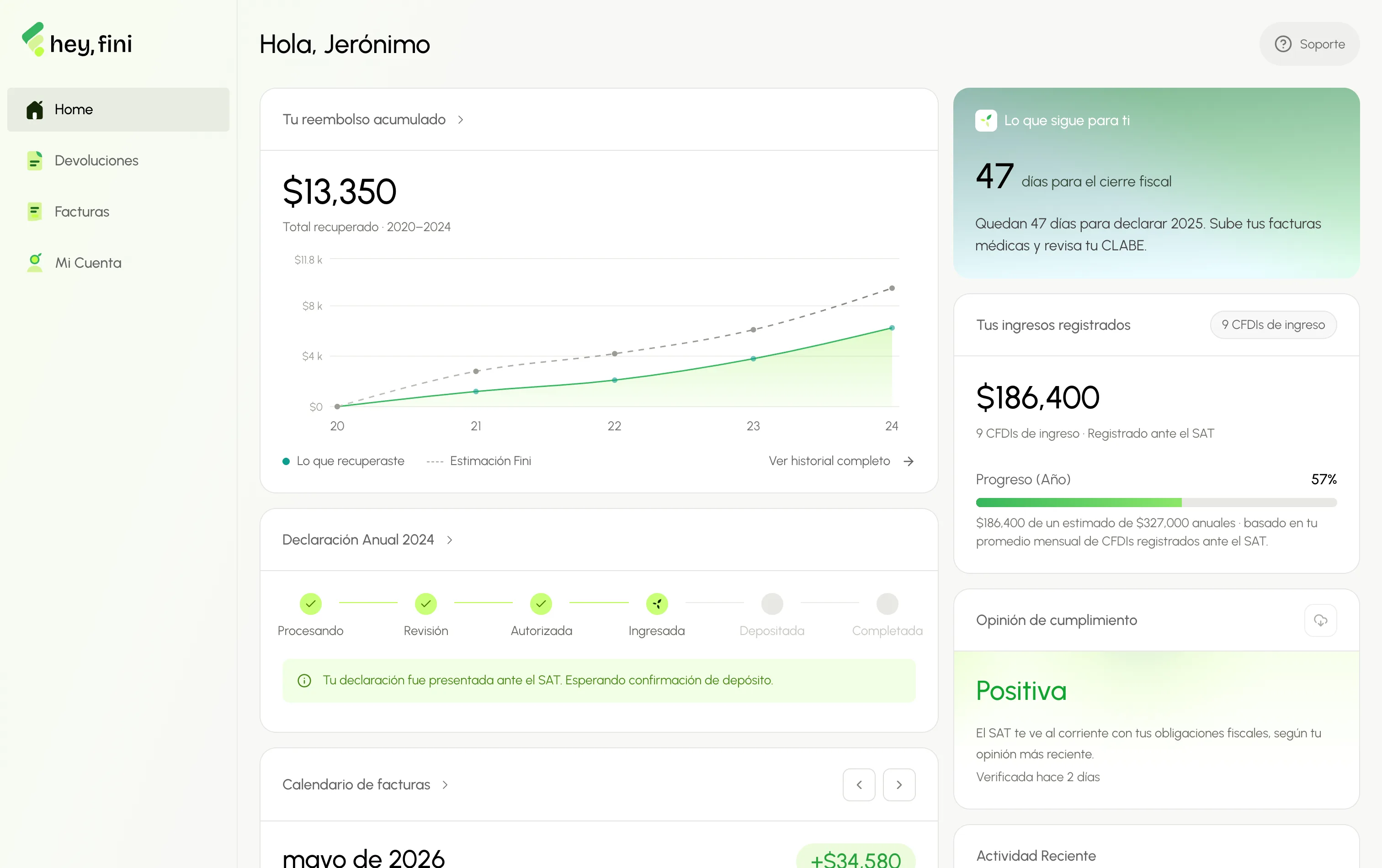 Dashboard real de Fini: saldo a favor confirmado, estado de la declaración anual y calendario de facturas